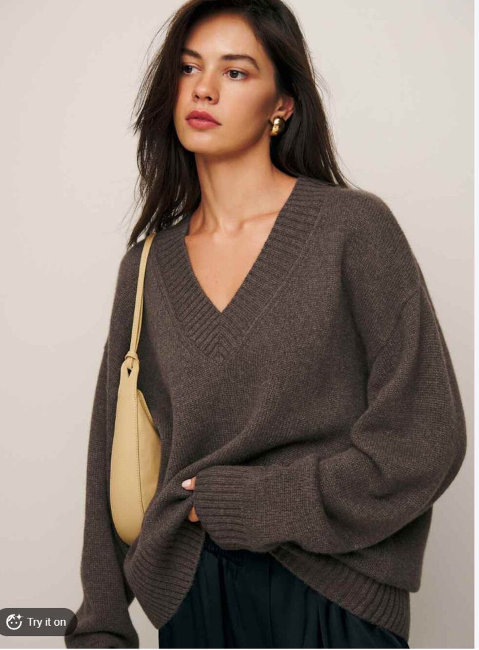 Reformation Jadey Cashmere Oversized V-Neck Sweater size XL Taupe/Brown